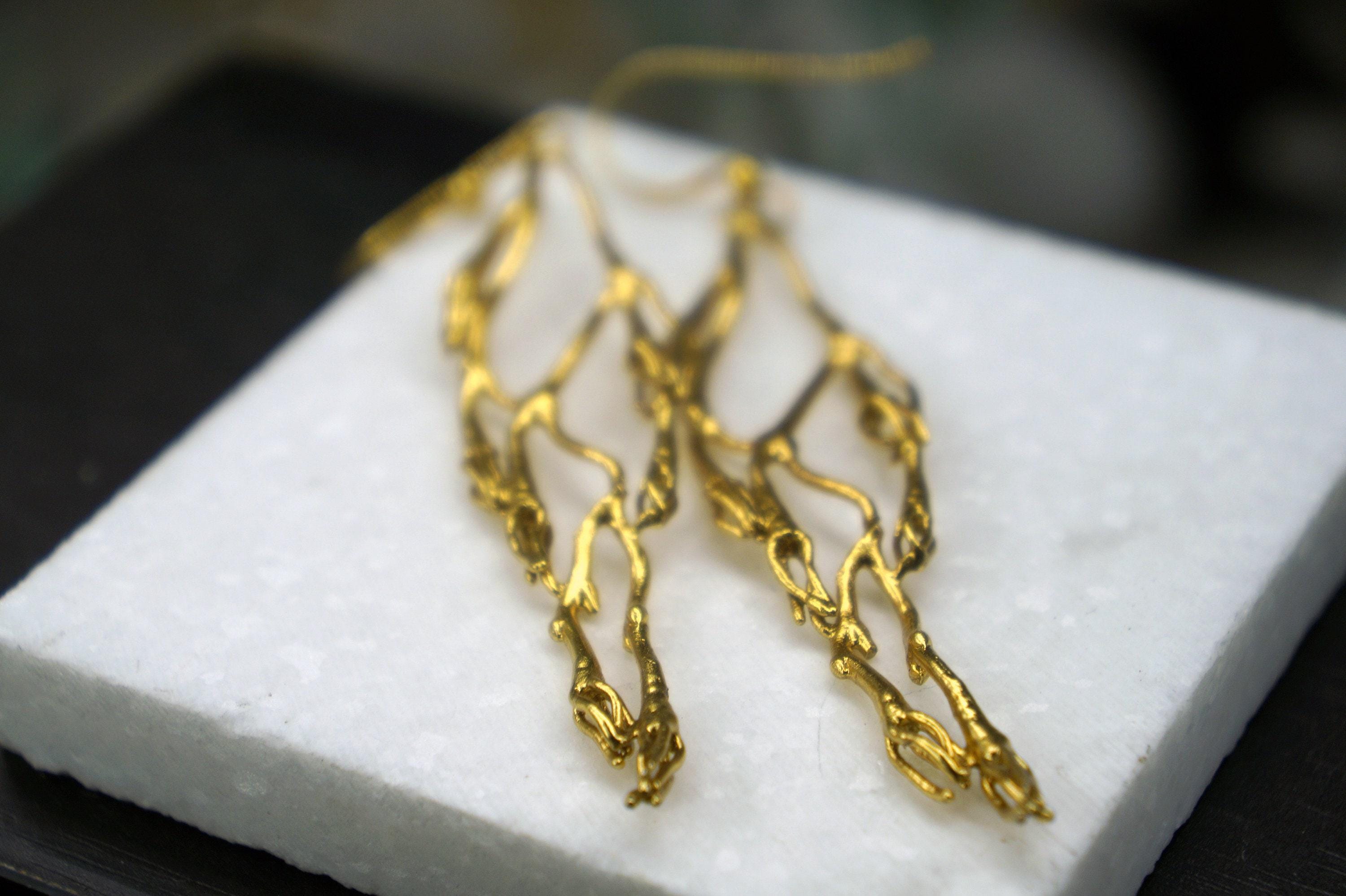 Jasmine Twig Earrings - Real Flower, Gold Plated Silver Dangles-1